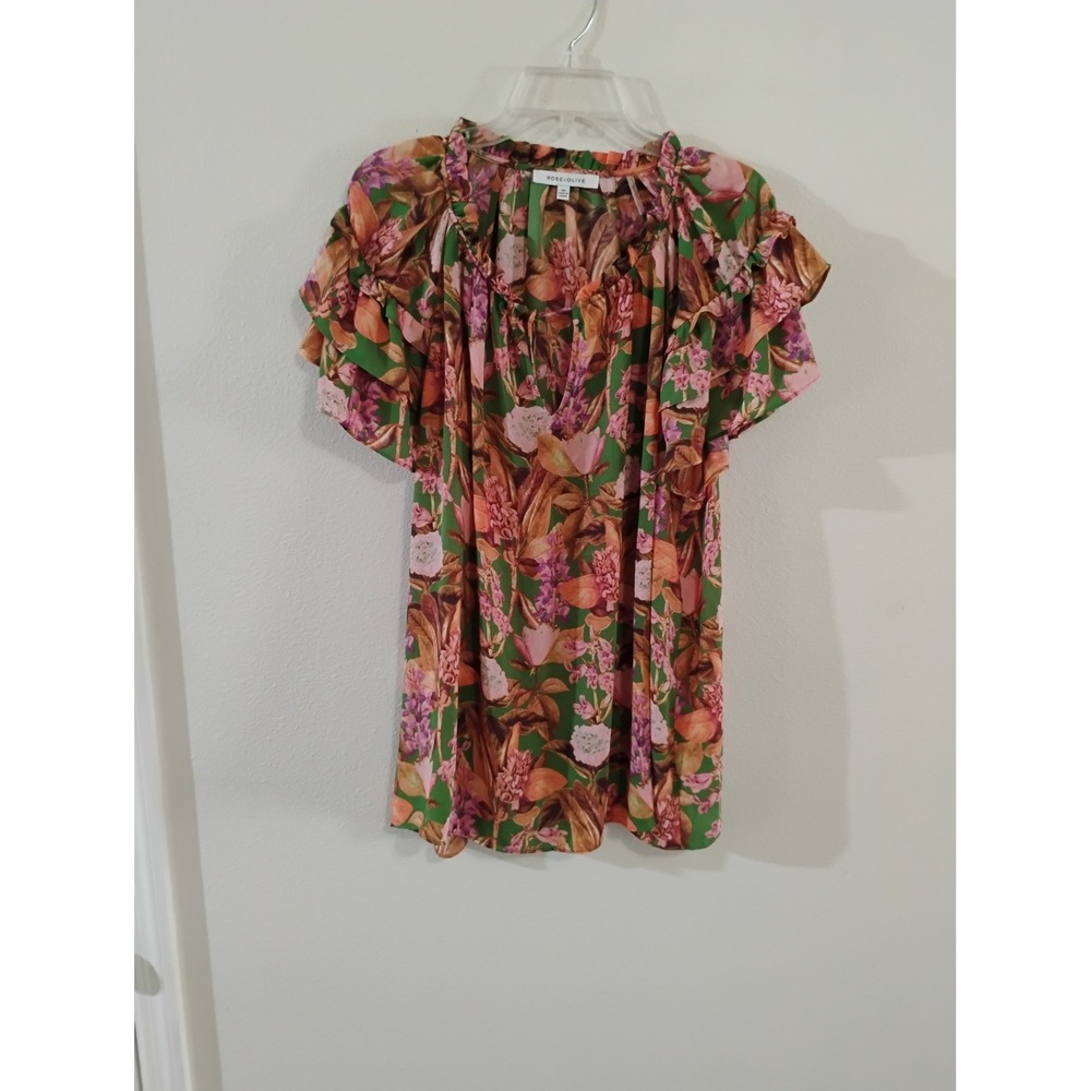 Rose + Olive Floral Flutter Sleeve Blouse Green Pink Tropical Ruffle Neck 2X